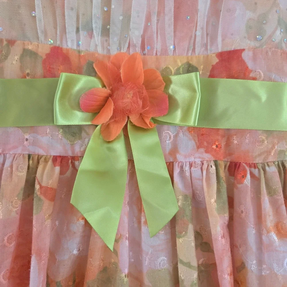Bonnie Jean Girls Dress 10-12 Peach Floral Party Dress Sash Orange Pink